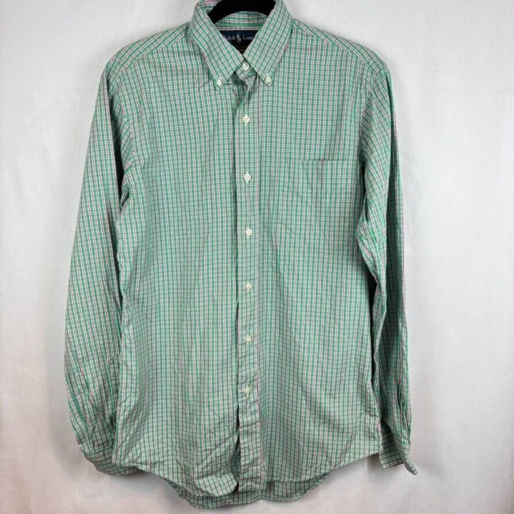 Ralph Lauren Men's Pink green checked custom fit button‎ up top size 15/M office